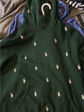 Ralph Lauren Dark Green Hoodie with White Embroidered Polo Logos